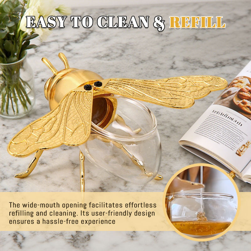 Bee Shaped Glass Honey Jar Dispenser with Dipper Spoon