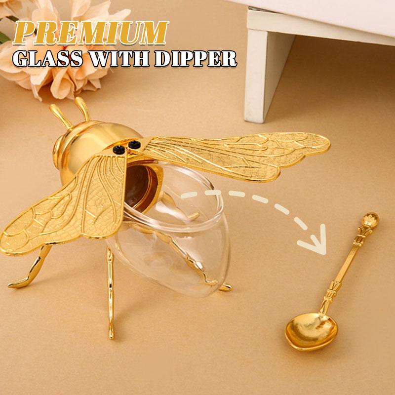 Bee Shaped Glass Honey Jar Dispenser with Dipper Spoon